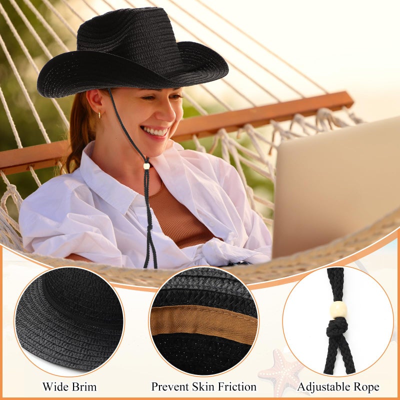 JaGely 15 Pcs Straw Cowboy Hats Wide Brim Summer Hat Women Men Country Accessories for Western Themed Party Concerts Birthday (Black) - Image 3