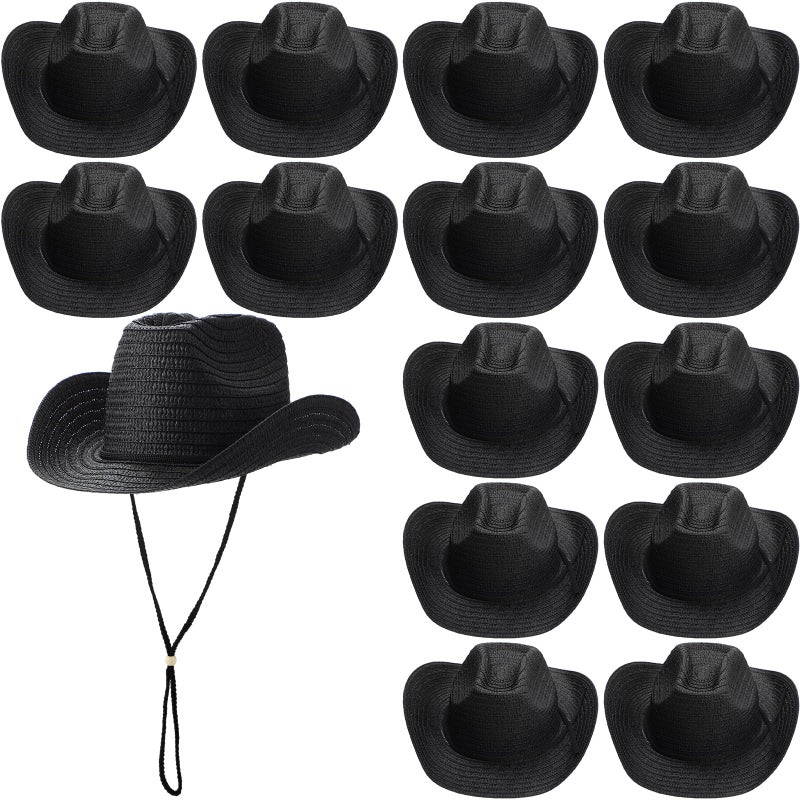 JaGely 15 Pcs Straw Cowboy Hats Wide Brim Summer Hat Women Men Country Accessories for Western Themed Party Concerts Birthday (Black) - Image 1