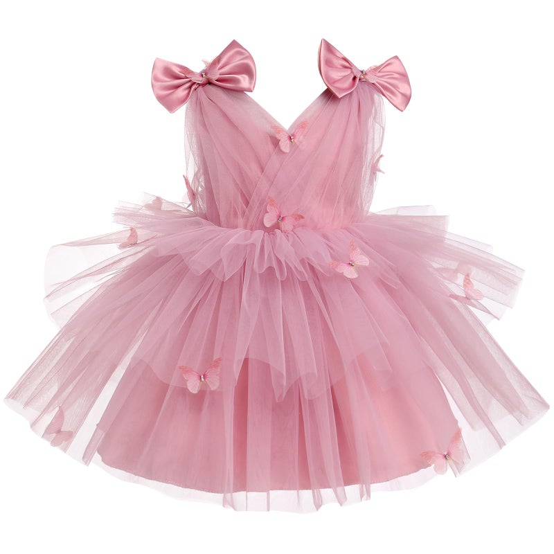 IMEKIS First Birthday Outfit Girl Butterfly Dress for Toddler 2nd 3rd 4th 5th Birthday Cake Smash Photoshoot Kids Princess Formal Baby Tulle Party Wedding Gowns Dusty Pink Butterfly 23T