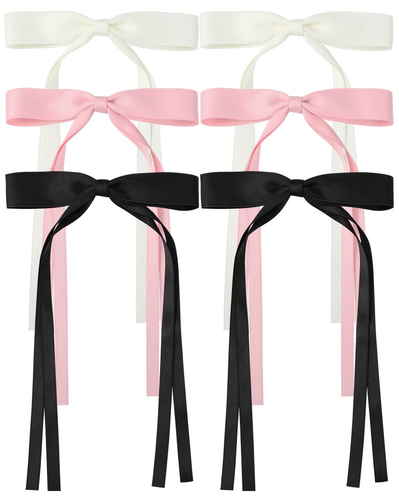 AWAYTR Silky Satin Hair Bow Clip, 3 Pack - Pink, Beige, Black (Long tail, Hair Accessory, Hair Securing, Women, All Ages, Hair Clip) - Image 1