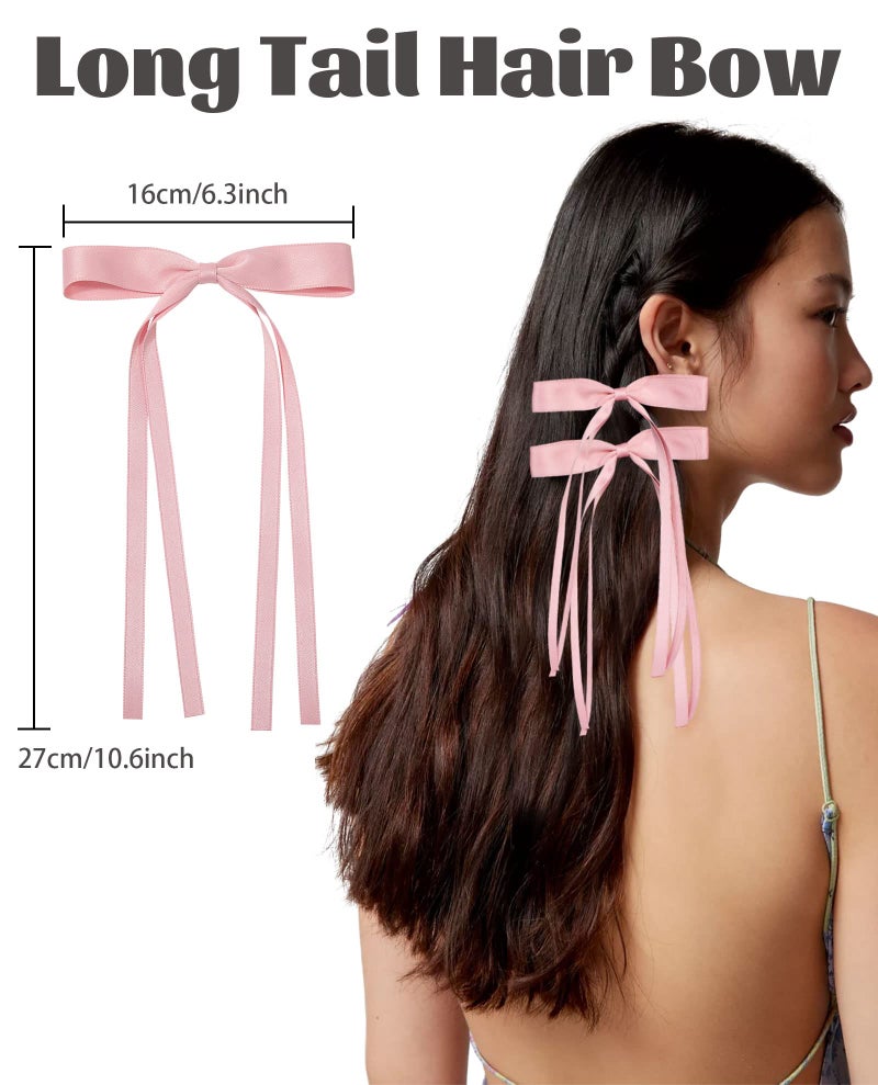 AWAYTR Silky Satin Hair Bow Clip, 3 Pack - Pink, Beige, Black (Long tail, Hair Accessory, Hair Securing, Women, All Ages, Hair Clip) - Image 2