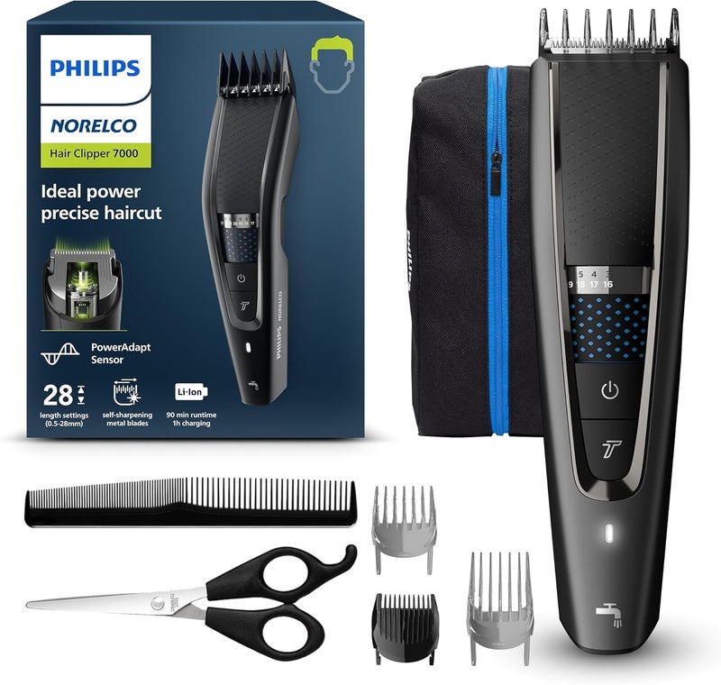 نوريلكو Philips Hair Clipper 7000 Series, Hair and Beard Trimmer, Precision Dial, PowerAdapt Sensor, Trim-and-Flow, DualCut, DuraPower, 28 Length Settings, 90 Min. Runtime, Model HC7650/40 - Image 1