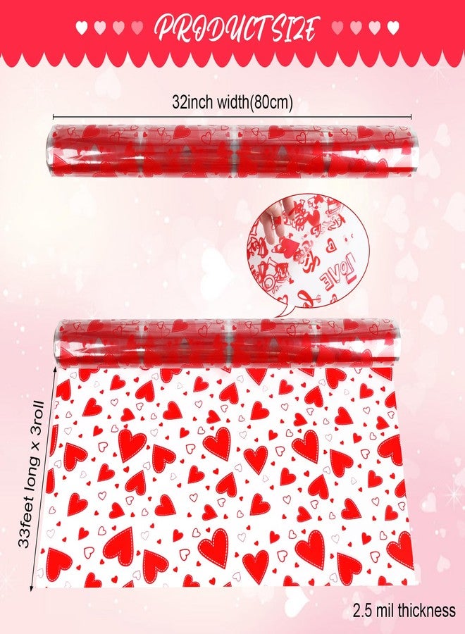 FOPINOA 3 Roll Valentine's Day Cellophane Wrap Set, 32 in x 100 ft Valentines Cellophane Wrap Clear Cellophane Wrap Roll Treat Gift Basket Red Wrapping Cellophane Paper for Valentine's Day Party - Image 2