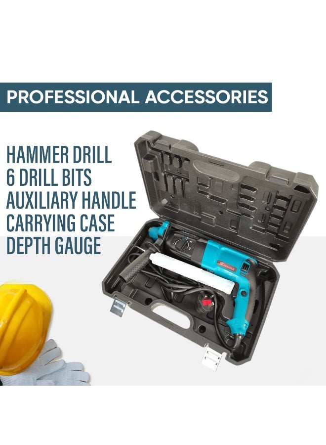 مثقاب مطرقي دوار SDS Plus بقوة 1000 واط، قطر 26 مم، آلة حفر كهربائية شديدة التحمل بثلاثة أوضاع: الحفر المطرقي، والنحت، وسرعة متغيرة تصل إلى 1500 دورة في الدقيقة، ومقبض مساعد، وقضيب ضبط العمق، وحقيبة حمل. مناسب لأعمال البناء في الخرسانة والطوب والبلاط والمعادن والخشب. - Image 5