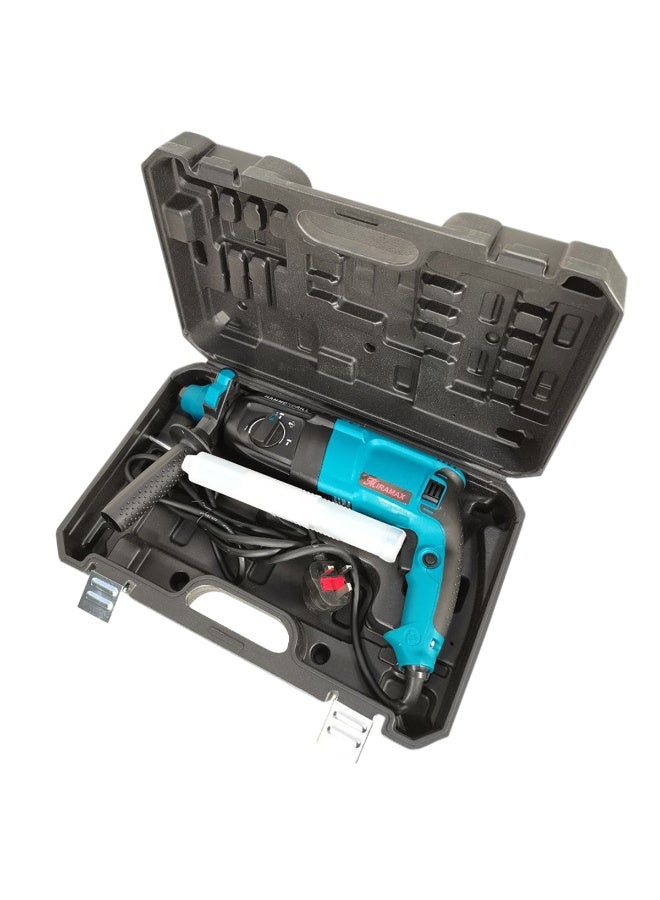 مثقاب مطرقي دوار SDS Plus بقوة 1000 واط، قطر 26 مم، آلة حفر كهربائية شديدة التحمل بثلاثة أوضاع: الحفر المطرقي، والنحت، وسرعة متغيرة تصل إلى 1500 دورة في الدقيقة، ومقبض مساعد، وقضيب ضبط العمق، وحقيبة حمل. مناسب لأعمال البناء في الخرسانة والطوب والبلاط والمعادن والخشب. - Image 2