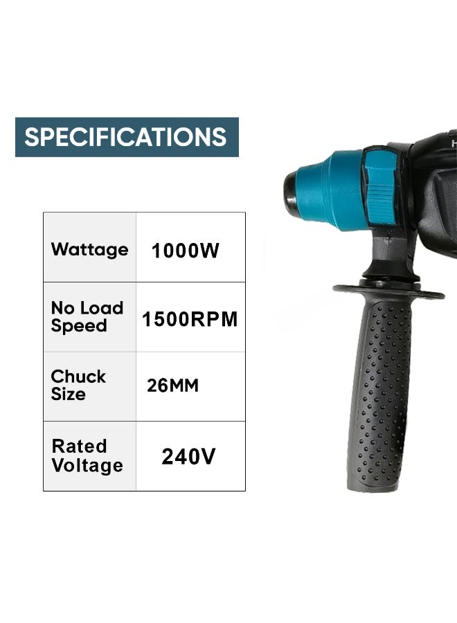 مثقاب مطرقي دوار SDS Plus بقوة 1000 واط، قطر 26 مم، آلة حفر كهربائية شديدة التحمل بثلاثة أوضاع: الحفر المطرقي، والنحت، وسرعة متغيرة تصل إلى 1500 دورة في الدقيقة، ومقبض مساعد، وقضيب ضبط العمق، وحقيبة حمل. مناسب لأعمال البناء في الخرسانة والطوب والبلاط والمعادن والخشب. - Image 3