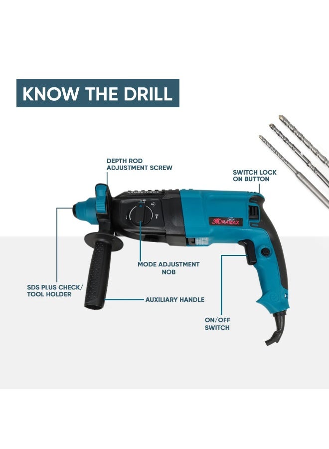 مثقاب مطرقي دوار SDS Plus بقوة 1000 واط، قطر 26 مم، آلة حفر كهربائية شديدة التحمل بثلاثة أوضاع: الحفر المطرقي، والنحت، وسرعة متغيرة تصل إلى 1500 دورة في الدقيقة، ومقبض مساعد، وقضيب ضبط العمق، وحقيبة حمل. مناسب لأعمال البناء في الخرسانة والطوب والبلاط والمعادن والخشب. - Image 4