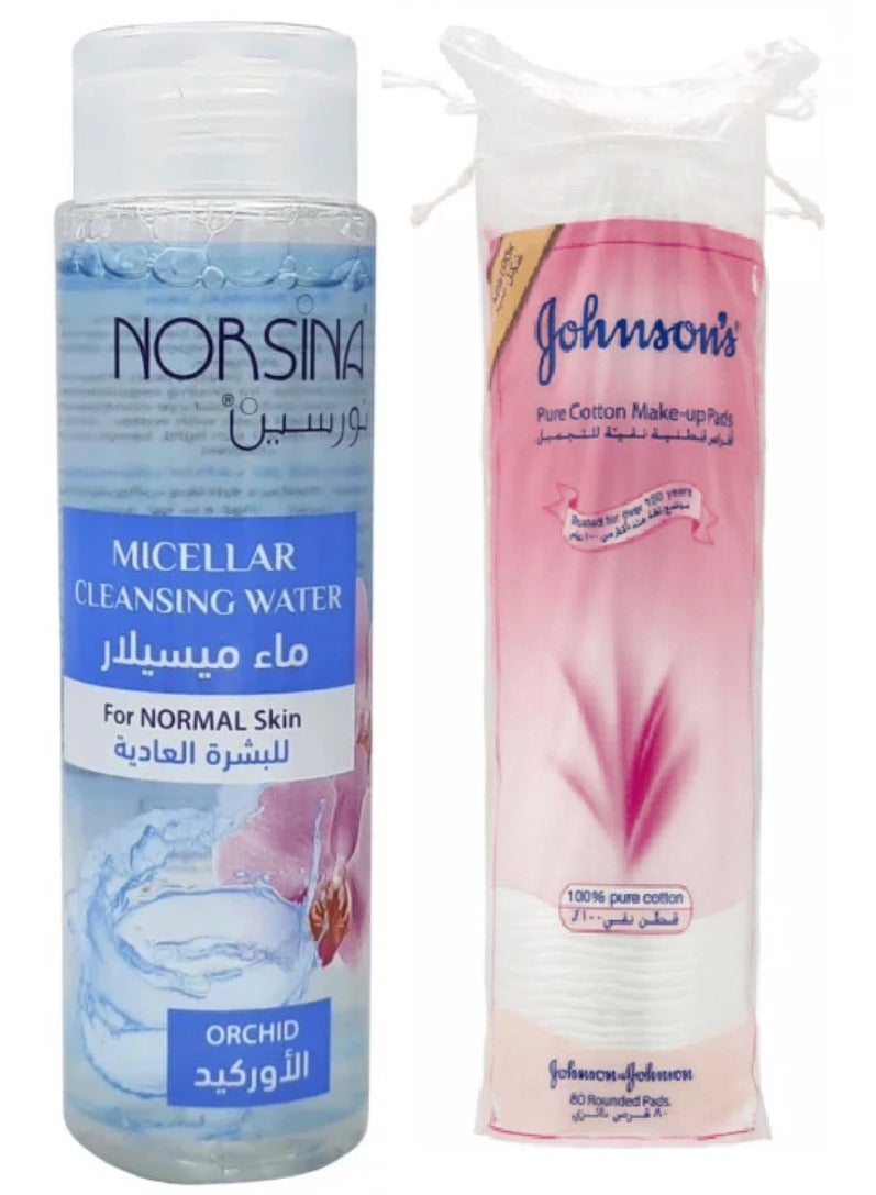 Norsina Micellar Cleansing Water For Normal Skin With Orchid 200 ml With Johnsons Pure Cotton Makeup Pads 80 Pieces  - Image 1