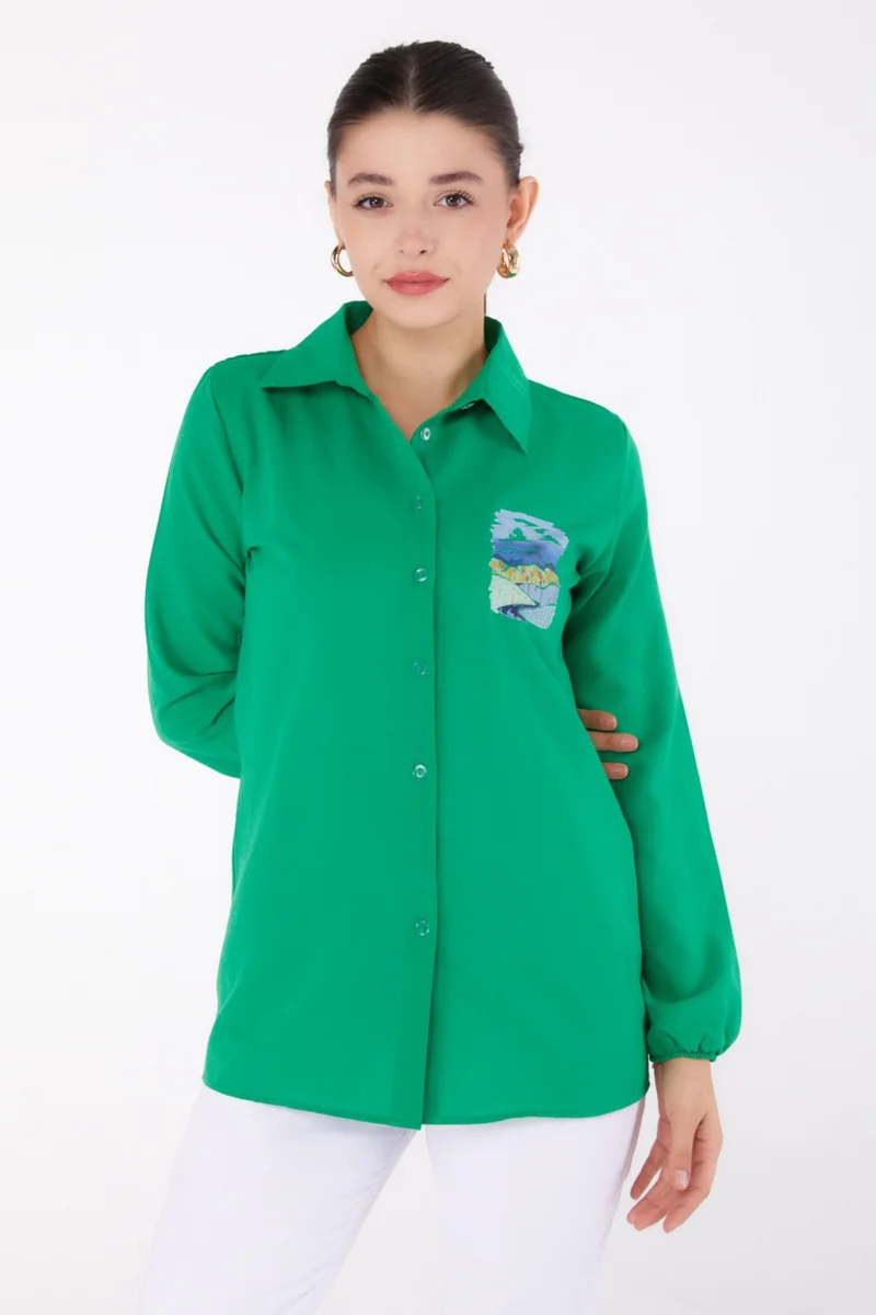 Tofisa Plain Shirt Collar Women's Green Printed Shirt - 13340