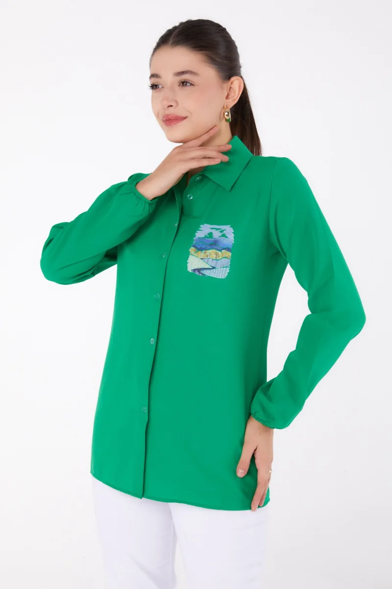 Tofisa Plain Shirt Collar Women's Green Printed Shirt - 13340