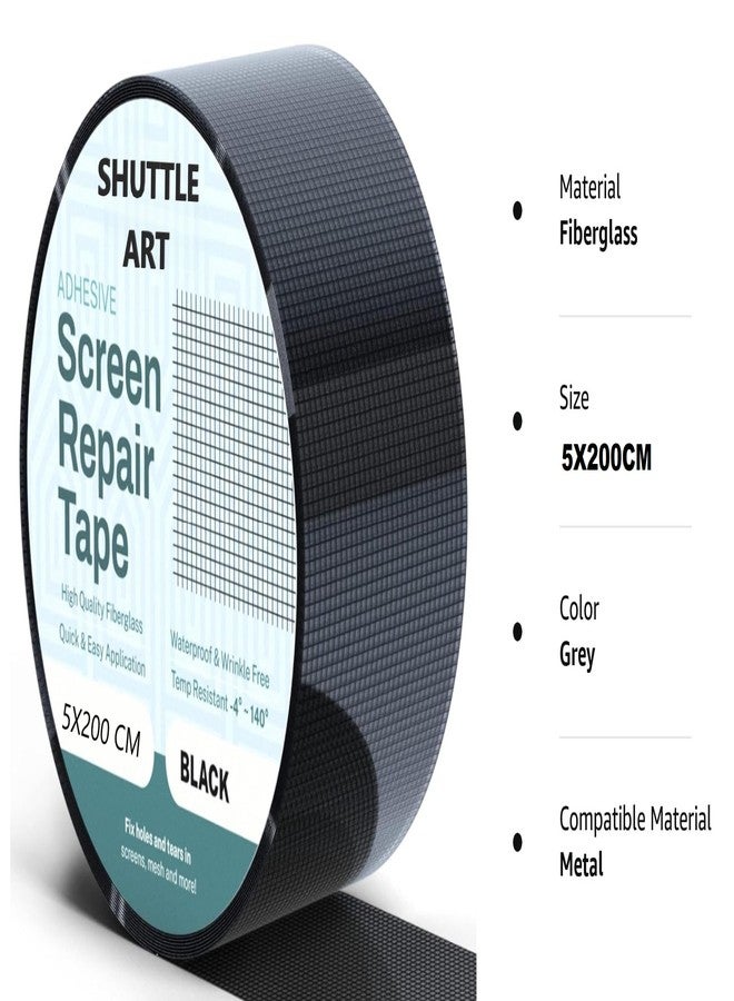 SHUTTLE ART Window Screen Repair Tape, 5X200 CM Strong Adhesive Waterproof Tape Fiberglass Covering mesh, Screenmend Door Mesh Repair Kit for Screen Tears Holes,Black - Image 2