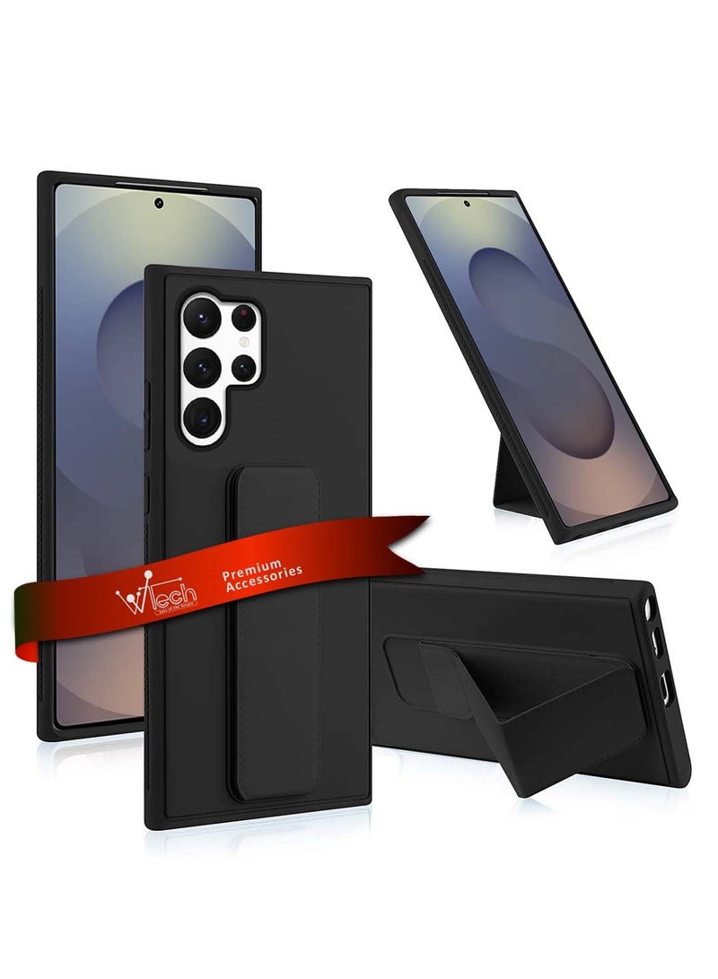 Wtech Samsung Galaxy S25 Ultra 2025 Hand Grip Foldable Magnetic Kickstand Wrist Strap Finger Grip With Built-In Iron Case Cover - Black - Image 1