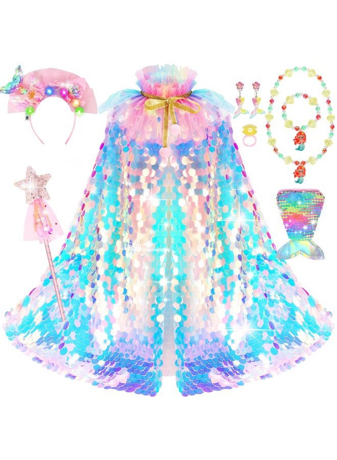 LIMIROLER Mermaid Toys Princess Dress Up Cape Rainbow Mermaid Cape Kit 9 Pcs Gift Set for Little Girls 3-8 Years Old (Mermaid Princess Cape Set) - Image 1