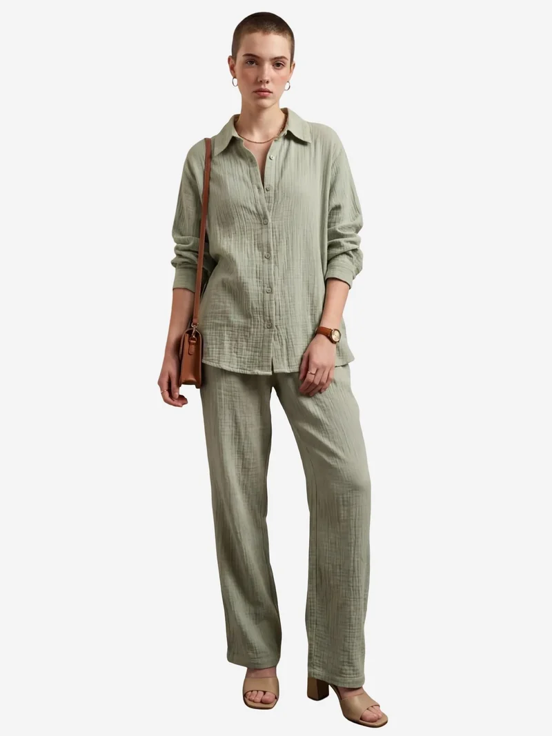 MY FASHION Muslin Fabric Two-Piece Set with Shirt & Pants