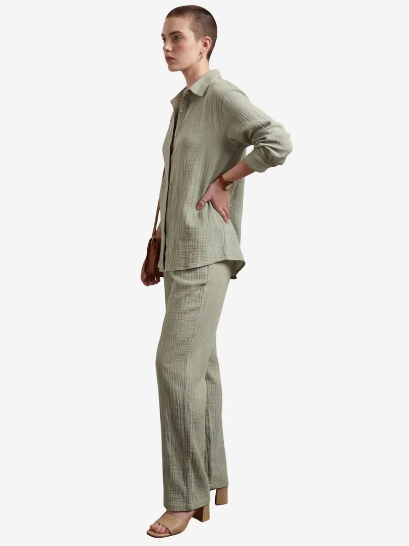 MY FASHION Sage Green MY FASHION Muslin Fabric Two-Piece Set with Shirt & Pants for Women | Best Price UAE