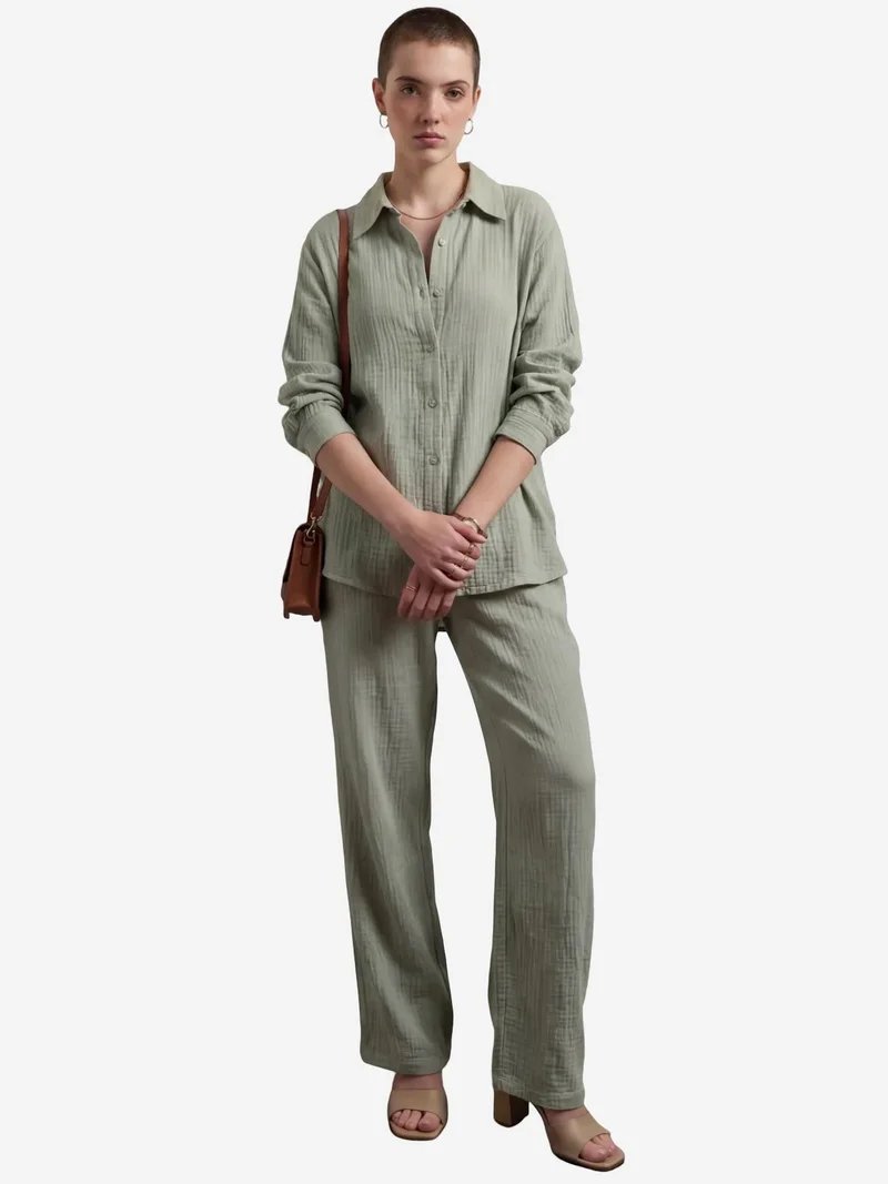 MY FASHION Sage Green MY FASHION Muslin Fabric Two-Piece Set with Shirt & Pants for Women | Best Price UAE