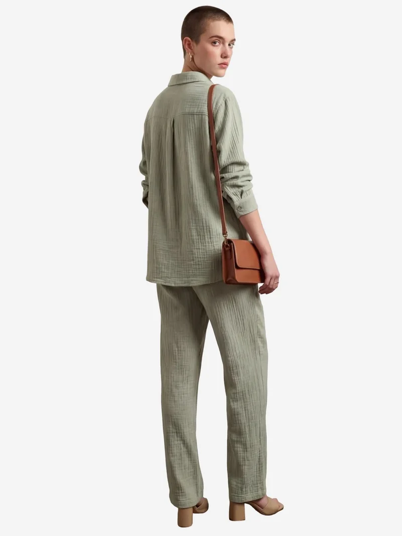 MY FASHION Sage Green MY FASHION Muslin Fabric Two-Piece Set with Shirt & Pants for Women | Best Price UAE