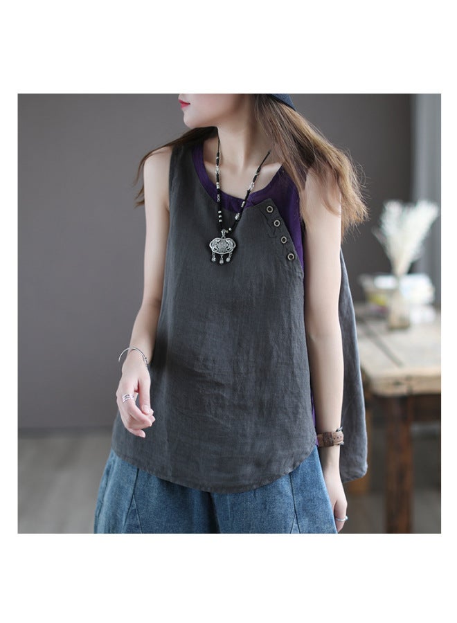 Song Feng Ya Plus Size Women's Wear Summer New Casual Sleeveless Round Neck Vest Cotton Linen Patchwork Color Block T-shirt Women - Image 1