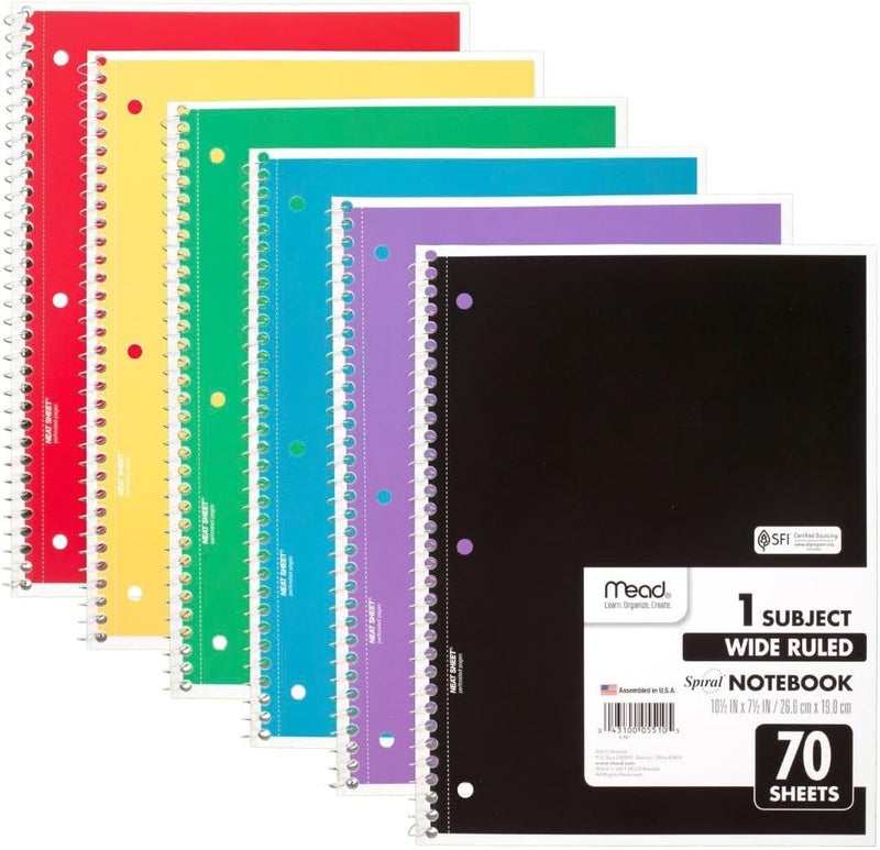 Mead Spiral Notebook, 6 Pack, 1 Subject, Wide Ruled Paper, 7-1/2" x 10-1/2", 70 Sheets per Notebook, Colors Will Vary (930201-ECM25) - Image 1