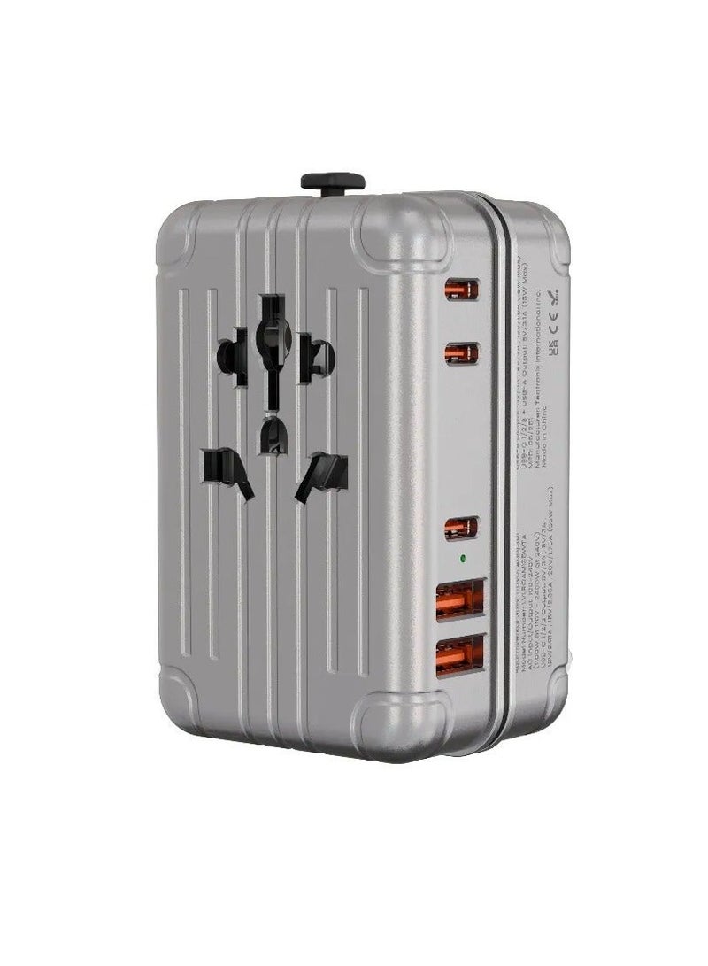 LEVELO Roamiversal Wall Charger Luggage Design Travel Adapter 2400W with 35W Power Delivery / Compatible Plugs UK, US, EU, AU / 2×USB-A & 3×USB-C Ports / LED Indicator / Universal Output Plugs / Simultaneous Charging - Aluminum Silver - Image 1
