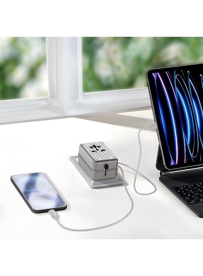 LEVELO Roamiversal Wall Charger Luggage Design Travel Adapter 2400W with 35W Power Delivery / Compatible Plugs UK, US, EU, AU / 2×USB-A & 3×USB-C Ports / LED Indicator / Universal Output Plugs / Simultaneous Charging - Aluminum Silver - Image 2