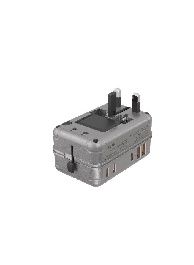 LEVELO Roamiversal Wall Charger Luggage Design Travel Adapter 2400W with 35W Power Delivery / Compatible Plugs UK, US, EU, AU / 2×USB-A & 3×USB-C Ports / LED Indicator / Universal Output Plugs / Simultaneous Charging - Aluminum Silver - Image 4