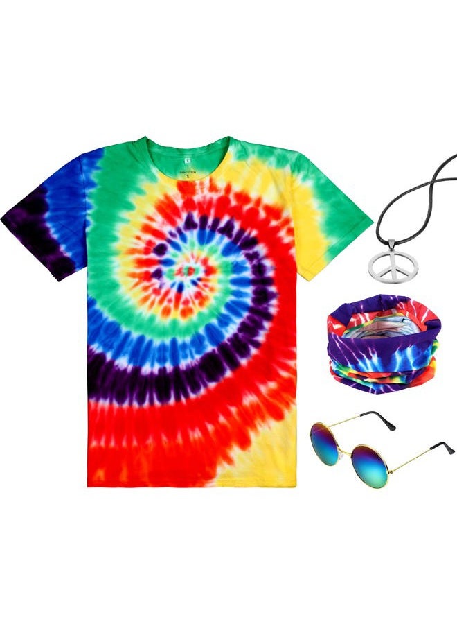 Norme 4 Pieces Hippie Costume Set, Include Colorful Tie-Dye T-Shirt, Peace Sign Necklace, Headband and Sungl for Theme Parties (XL, Colorful) - Image 1