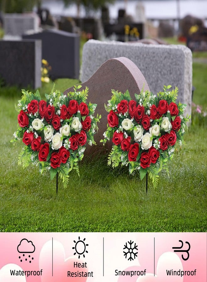 مجموعتان من زهور المقابر الاصطناعية، زهور تذكارية للقبور مع دبابيس تثبيت أرضية، أكاليل على شكل قلب من زهور الورد لتزيين شواهد القبور ومواقع الدفن (أحمر) - Image 2