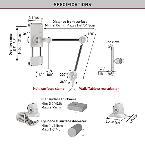 Barkan 7-12 inch Fixed Tablet Wall Mount 3 lbs White Firm Tablet Clamp 360 Degree Rotation Very Low Profile - Image 3