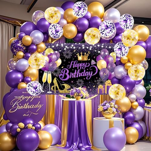 YinQin 63 PCS Purple Gold Happy Birthday Party Balloons Set with Photo Background Backdrop Banner Cloth Purple and Golden Happy Birthday Party Supplies Decoration Bday Confetti Balloon for Girl Women - Image 1