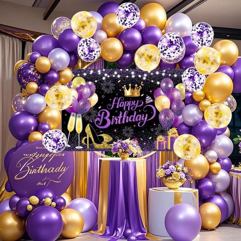 YinQin 63 PCS Purple Gold Happy Birthday Party Balloons Set with Photo Background Backdrop Banner Cloth Purple and Golden Happy Birthday Party Supplies Decoration Bday Confetti Balloon for Girl Women - Image 2