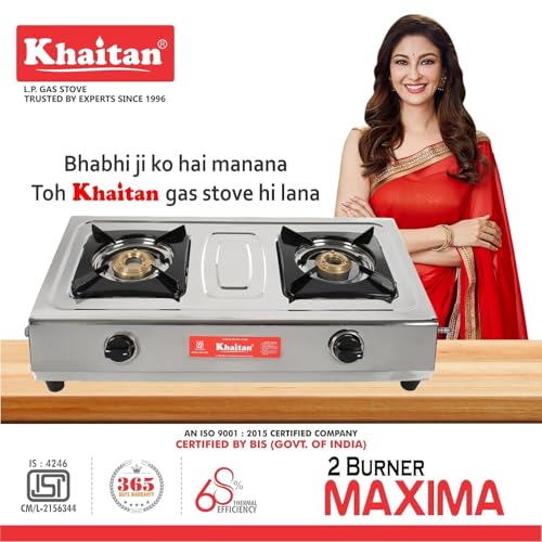 Khaitan 2 Burner MAXIMA Stainless Steel Manual Ignition LP Gas Stove with Brass Burner (Silver, ISI Approved) - Image 3