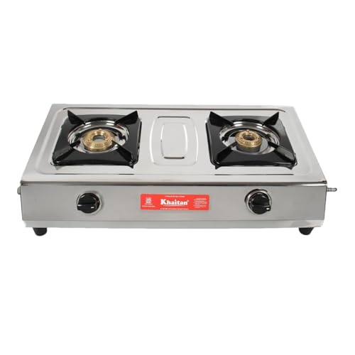 Khaitan 2 Burner MAXIMA Stainless Steel Manual Ignition LP Gas Stove with Brass Burner (Silver, ISI Approved) - Image 1