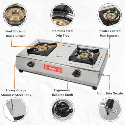 Khaitan 2 Burner MAXIMA Stainless Steel Manual Ignition LP Gas Stove with Brass Burner (Silver, ISI Approved) - Image 4