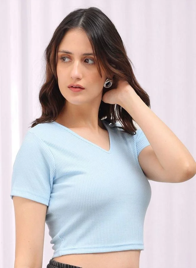 Women Regular Fit Solid V-Neck Short Sleeve Crop Top