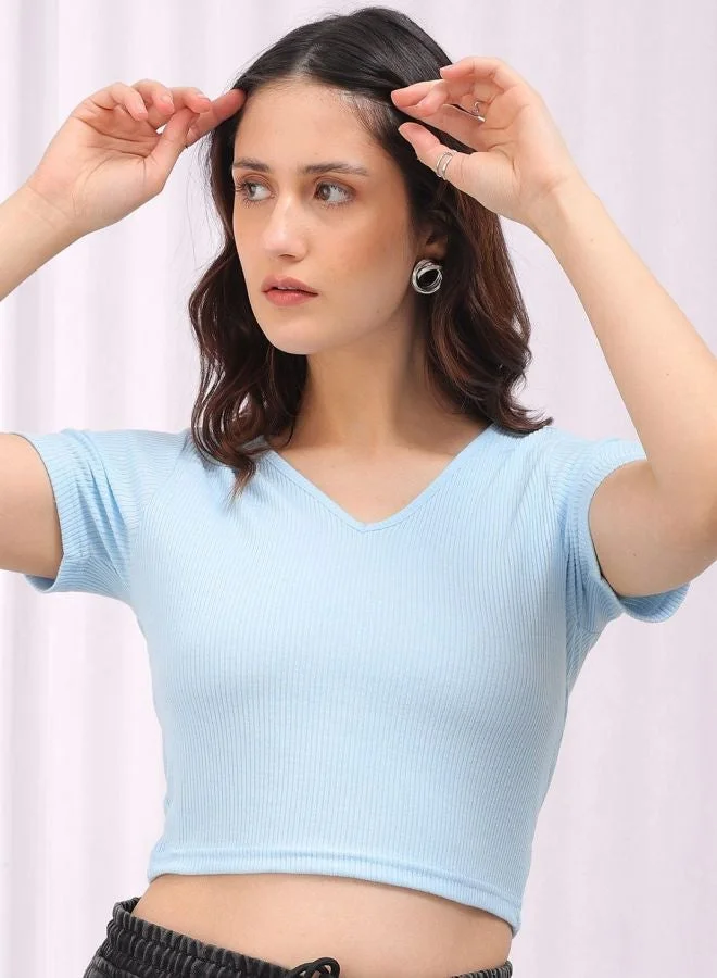 Freehand  Women Regular Fit Solid V-Neck Short Sleeve Crop Top for Women | Best Price UAE