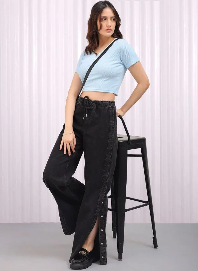 Freehand  Women Regular Fit Solid V-Neck Short Sleeve Crop Top for Women | Best Price UAE
