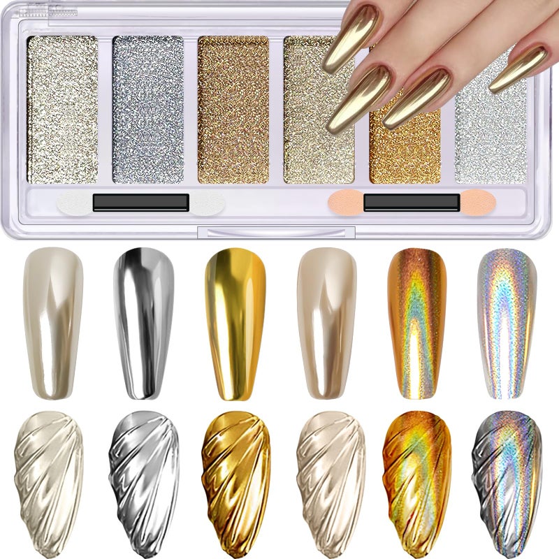DRMODE Gold Silver Chrome Nail Powder, 6 Colors Holographic Unicorn Iridescent Nail Chrome Powder, Metallic Mirror Effect Light Gold Champagne Chrome Powder Palette Pigment Glitter for Nail Art - Image 1