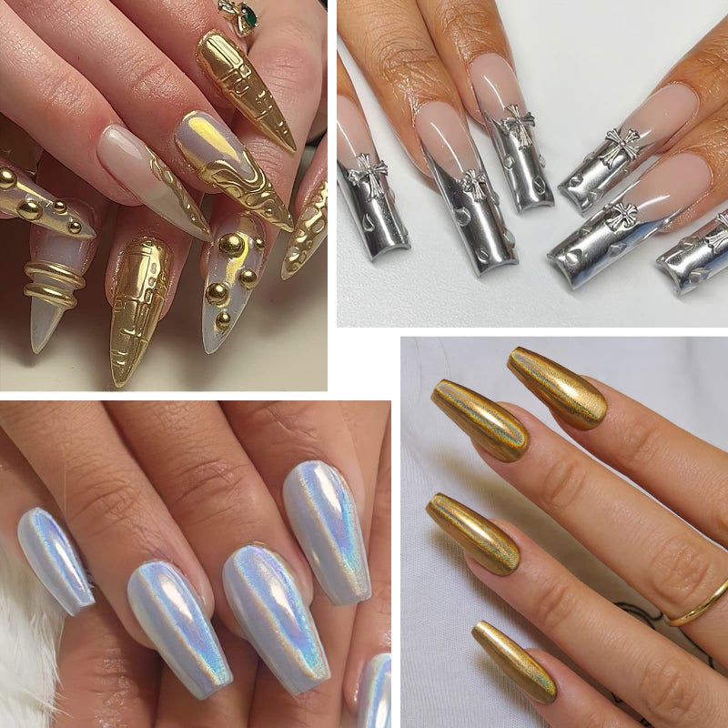 DRMODE Gold Silver Chrome Nail Powder, 6 Colors Holographic Unicorn Iridescent Nail Chrome Powder, Metallic Mirror Effect Light Gold Champagne Chrome Powder Palette Pigment Glitter for Nail Art - Image 2