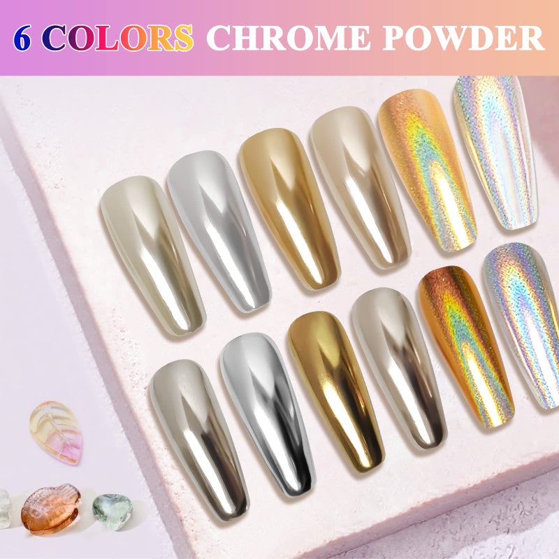 DRMODE Gold Silver Chrome Nail Powder, 6 Colors Holographic Unicorn Iridescent Nail Chrome Powder, Metallic Mirror Effect Light Gold Champagne Chrome Powder Palette Pigment Glitter for Nail Art - Image 4