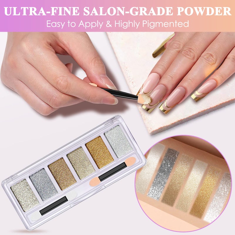 DRMODE Gold Silver Chrome Nail Powder, 6 Colors Holographic Unicorn Iridescent Nail Chrome Powder, Metallic Mirror Effect Light Gold Champagne Chrome Powder Palette Pigment Glitter for Nail Art - Image 3