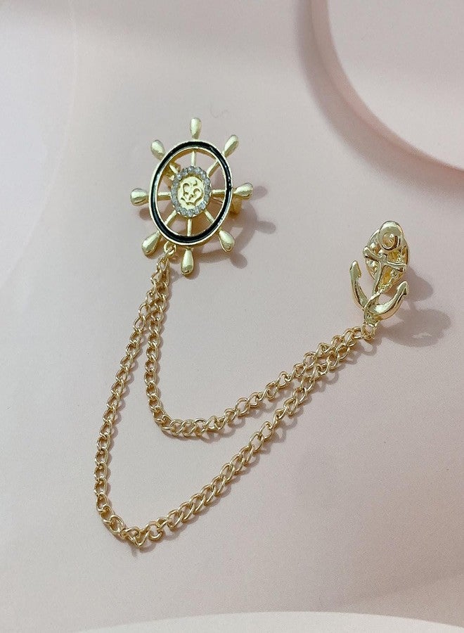 Shejuety exquisite sailing ship wheels and anchor for women brooch with chain inlay cubic zirconia decoration backpack badge jacket hat dress sweater anti light pin birthday jewelry gift (gold) - Image 3