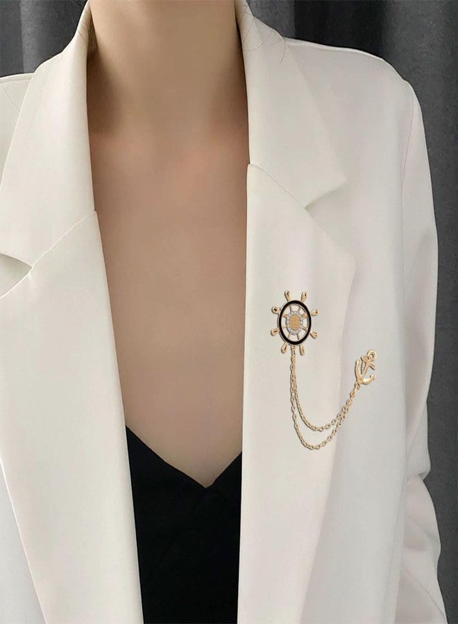 Shejuety exquisite sailing ship wheels and anchor for women brooch with chain inlay cubic zirconia decoration backpack badge jacket hat dress sweater anti light pin birthday jewelry gift (gold) - Image 2