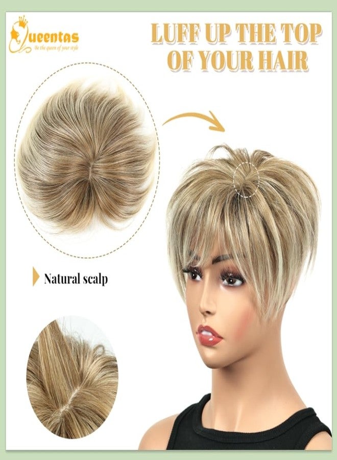 QUEENTAS Hair Topper for Women with Thinning Hair Pieces 6.5"*6"Large Coverage 360°3D Synthetic Short Wiglets with 5 Clips(Blonde Mixed Brown) - Image 5