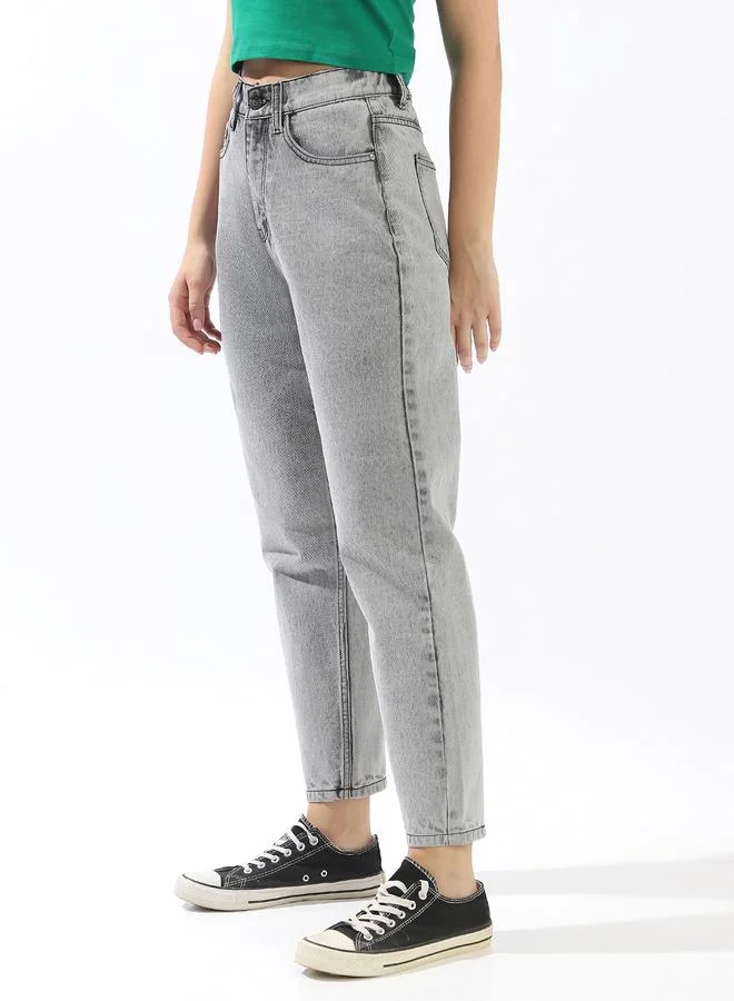 هاي ستار Women's Grey 100% Cotton Textured Full Mom Fit Jeans