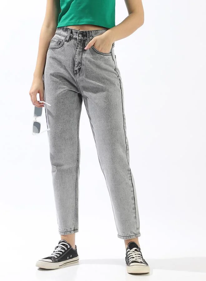 هاي ستار Women's Grey 100% Cotton Textured Full Mom Fit Jeans