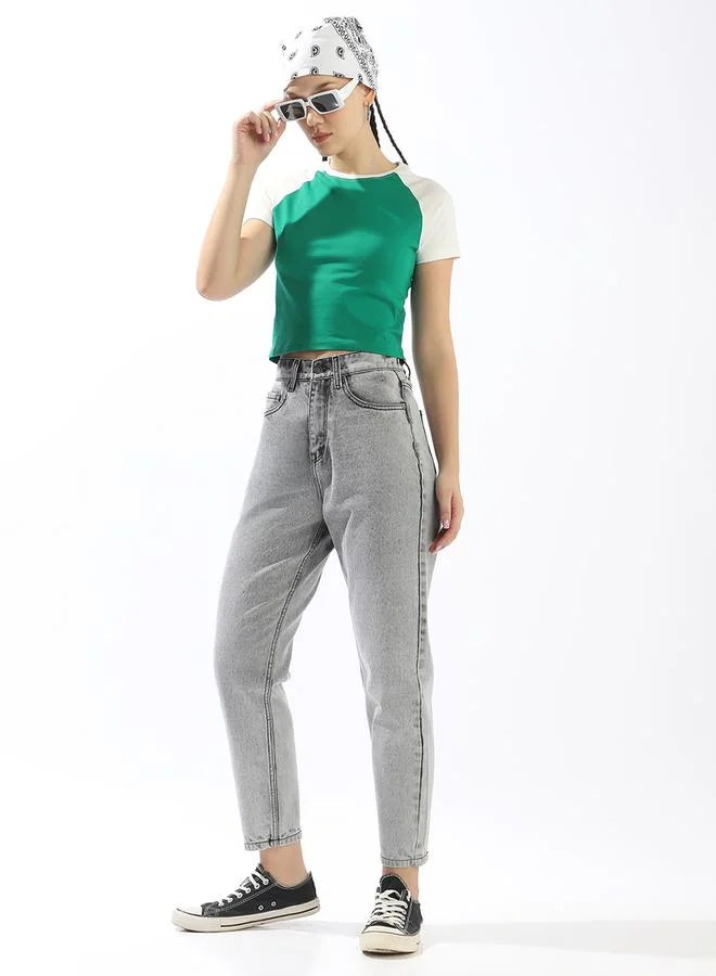 HIGH STAR Women's Grey 100% Cotton Textured Full Mom Fit Jeans