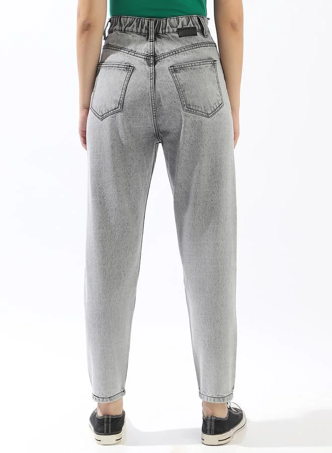 هاي ستار Women's Grey 100% Cotton Textured Full Mom Fit Jeans