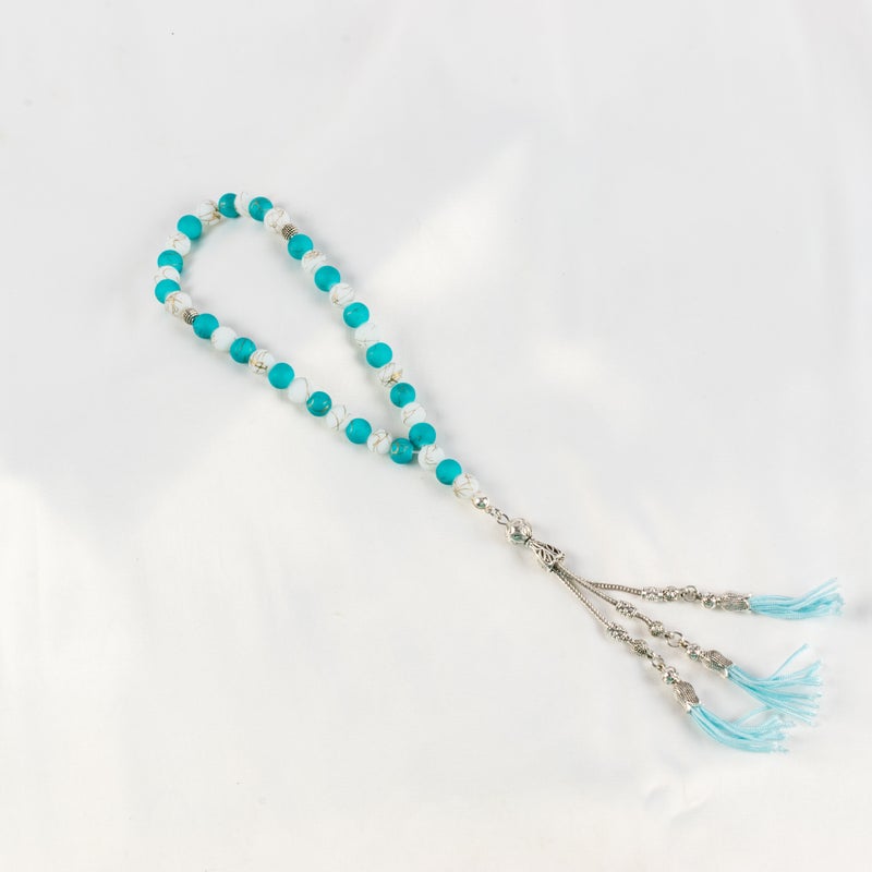 Goldesh Turquoise & White Alabaster Stone Prayer Bead of 33 Beads - Image 1