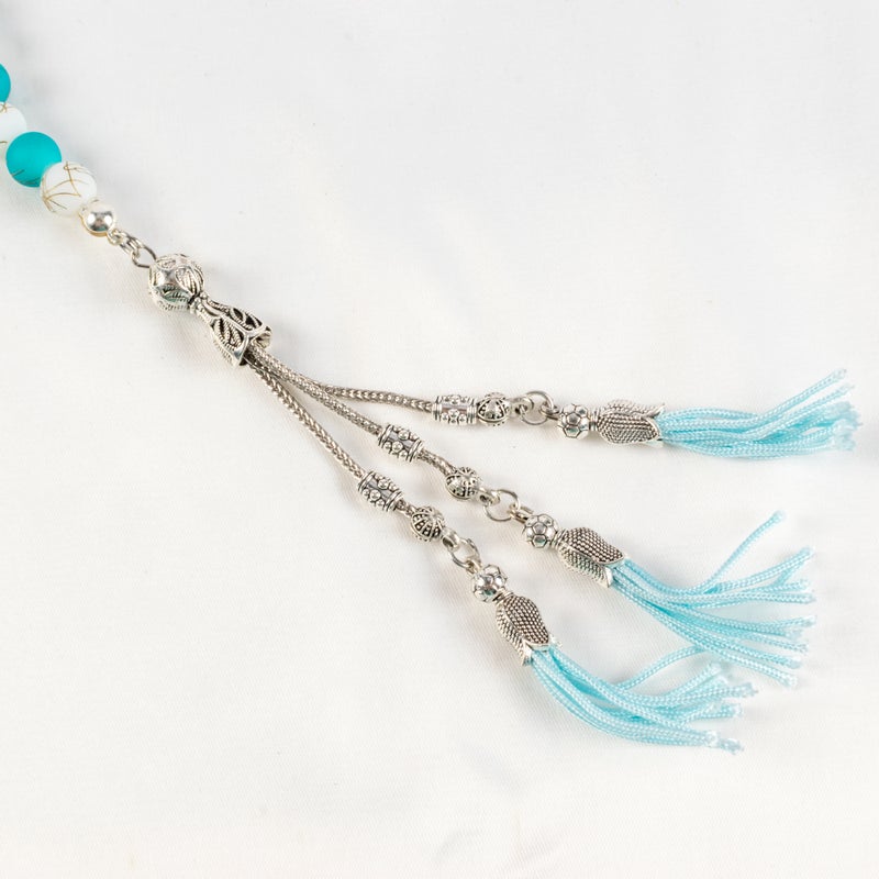 Goldesh Turquoise & White Alabaster Stone Prayer Bead of 33 Beads - Image 4